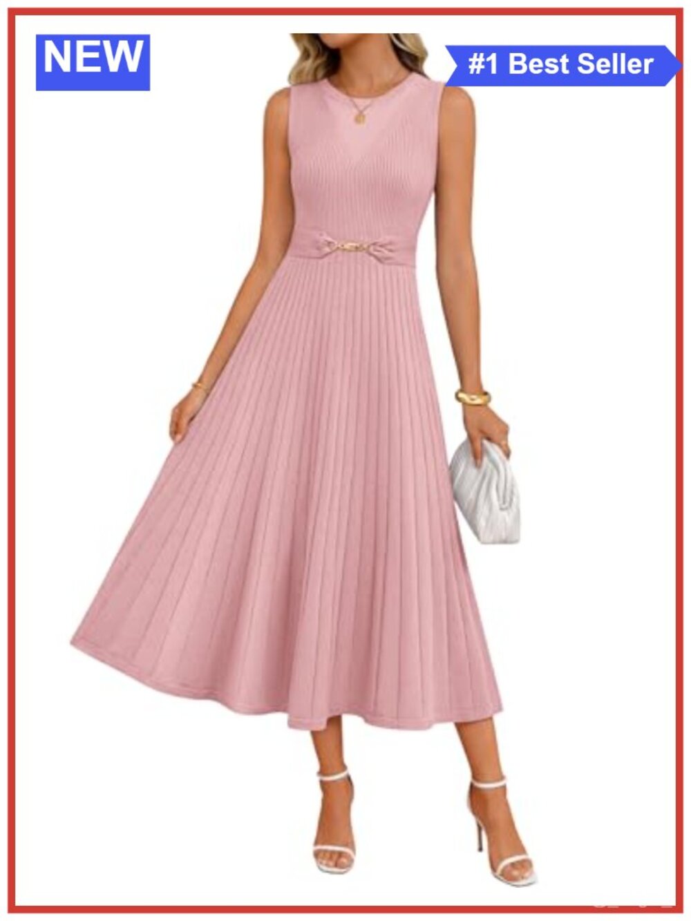 Sleeveless Knit Midi Dress Pleated Sweater Dress A-Line Belted